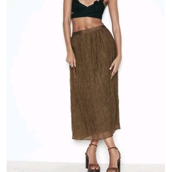 Zara Dresses & Skirts - Zara Crinkle Midi Skirt Brown Size M NWT